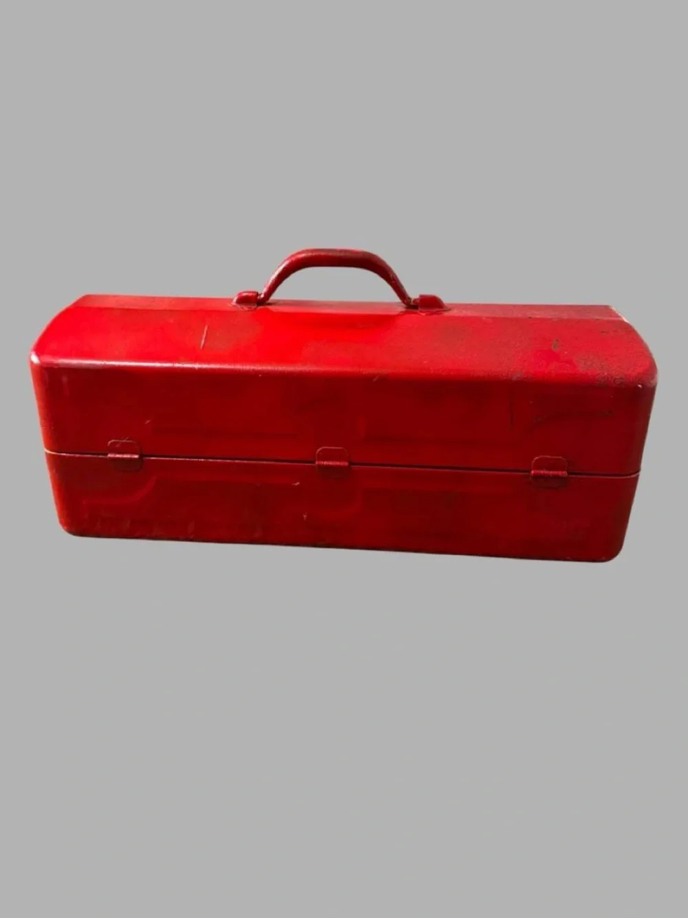 Vintage red metal cantilever toolbox – Blue tiered trays industrial storage
